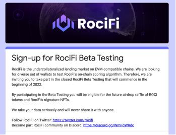 
      RociFi：Web3的0抵押借貸協議 申請測試領獎勵