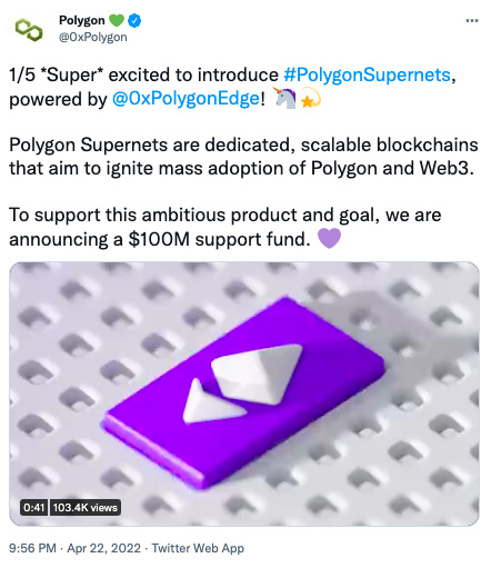 
      Polygon推出Web3專用網絡Supernets 將提供1億美元生態基金