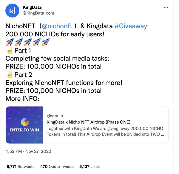 
      NichoNFT聯合Kindata开展首場社區空投活動